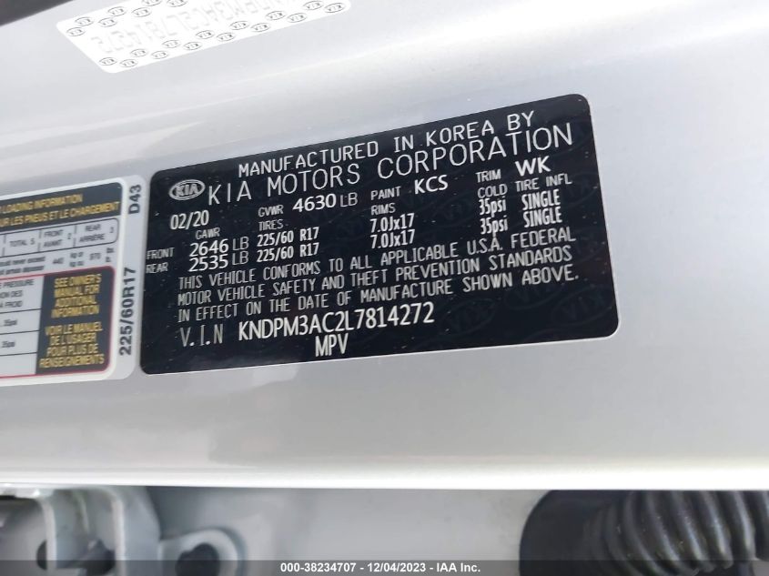 2020 Kia Sportage Lx VIN: KNDPM3AC2L7814272 Lot: 38234707