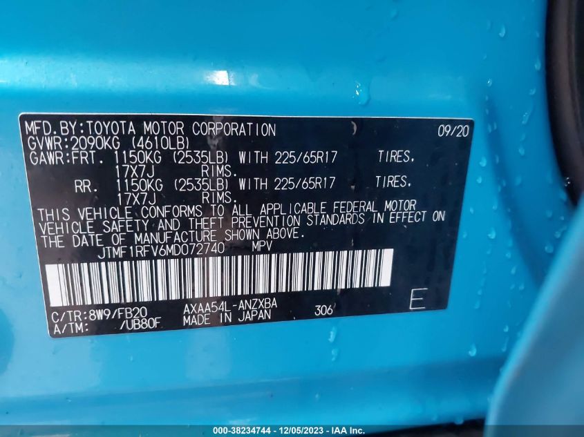 2021 Toyota Rav4 Le VIN: JTMF1RFV6MD072740 Lot: 38234744