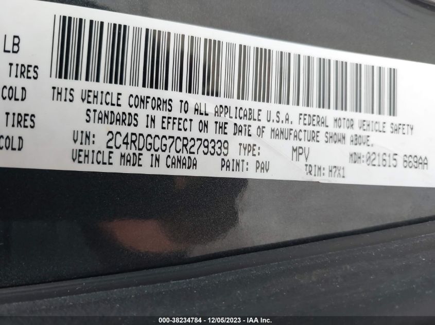 2012 Dodge Grand Caravan Sxt VIN: 2C4RDGCG7CR279339 Lot: 38234784