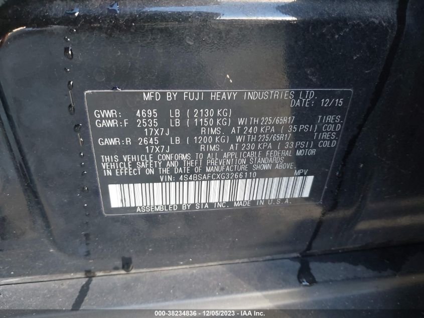 2016 Subaru Outback 2.5I Premium VIN: 4S4BSAFCXG3266110 Lot: 38234836