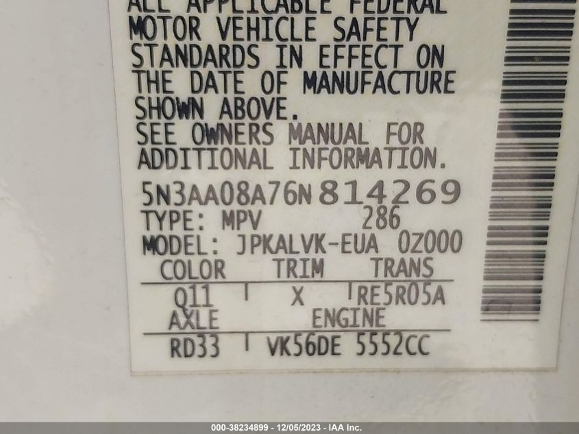 2006 Infiniti Qx56 VIN: 5N3AA08A76N814269 Lot: 38234899