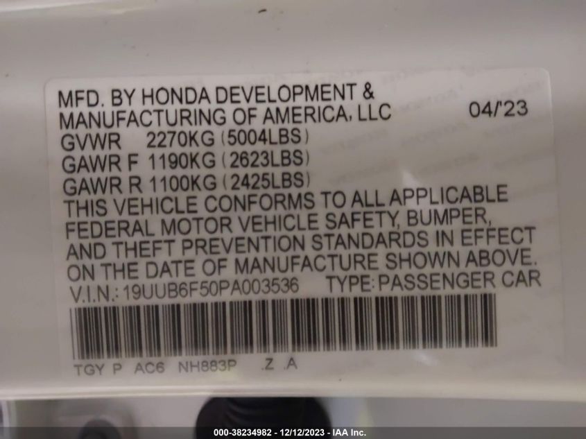 2023 Acura Tlx A-Spec Package VIN: 19UUB6F50PA003536 Lot: 38234982