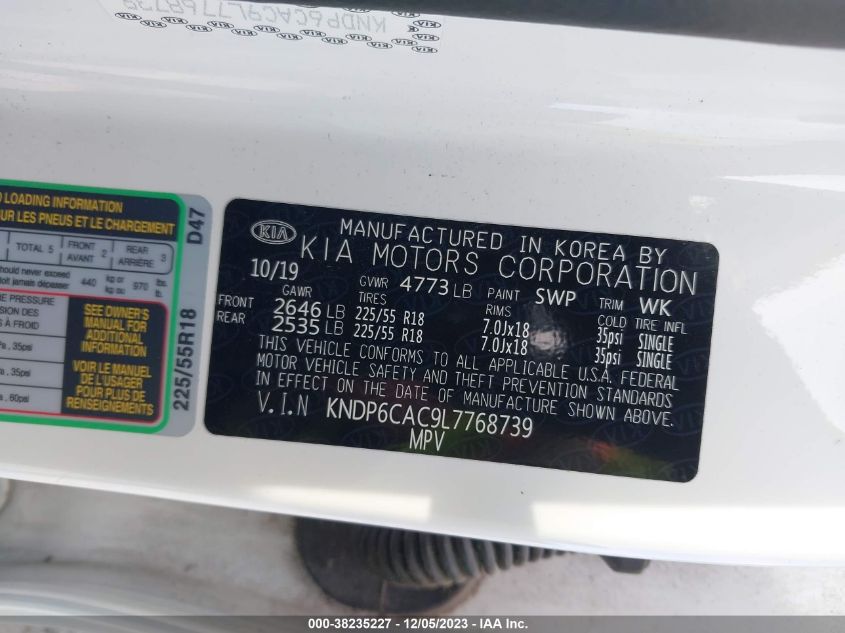 2020 Kia Sportage S VIN: KNDP6CAC9L7768739 Lot: 38235227