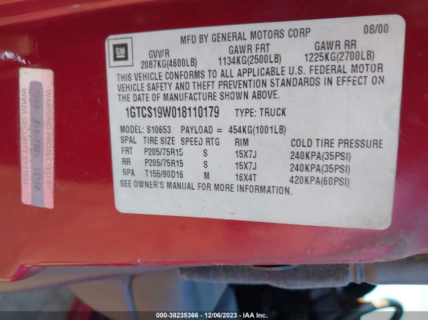 2001 GMC Sonoma Sls W/1Sg Pkg VIN: 1GTCS19W018110179 Lot: 38235366