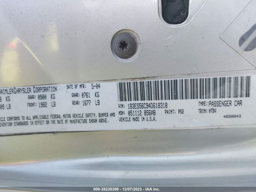 2004 Dodge Neon Sxt VIN: 1B3ES56C94D618318 Lot: 38235389