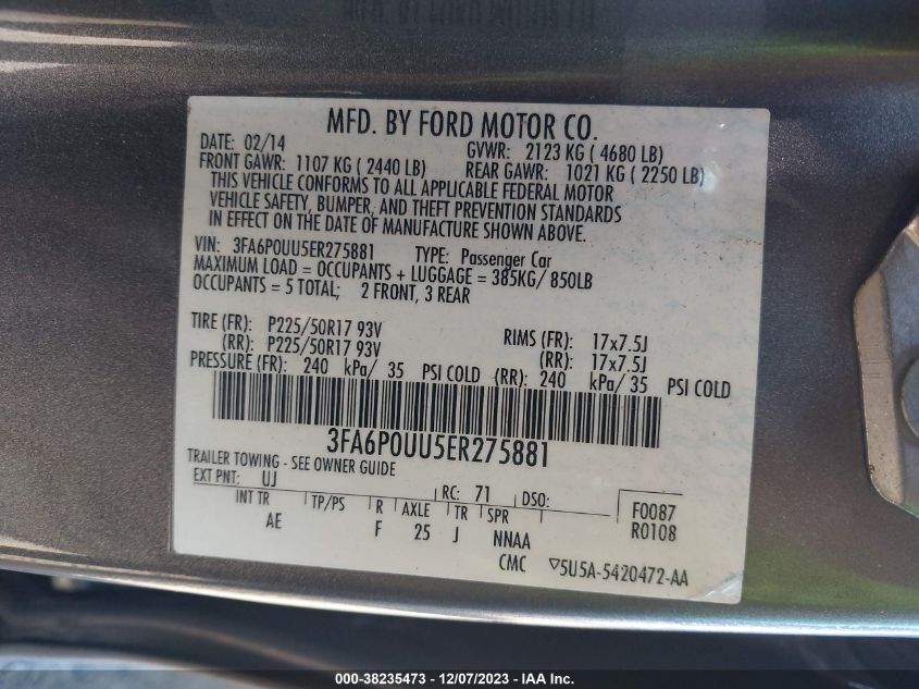 3FA6P0UU5ER275881 2014 Ford Fusion Hybrid S