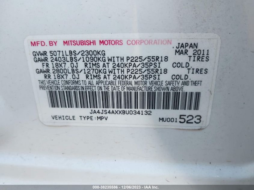 2011 Mitsubishi Outlander Xls VIN: JA4JS4AXXBU034132 Lot: 38235586