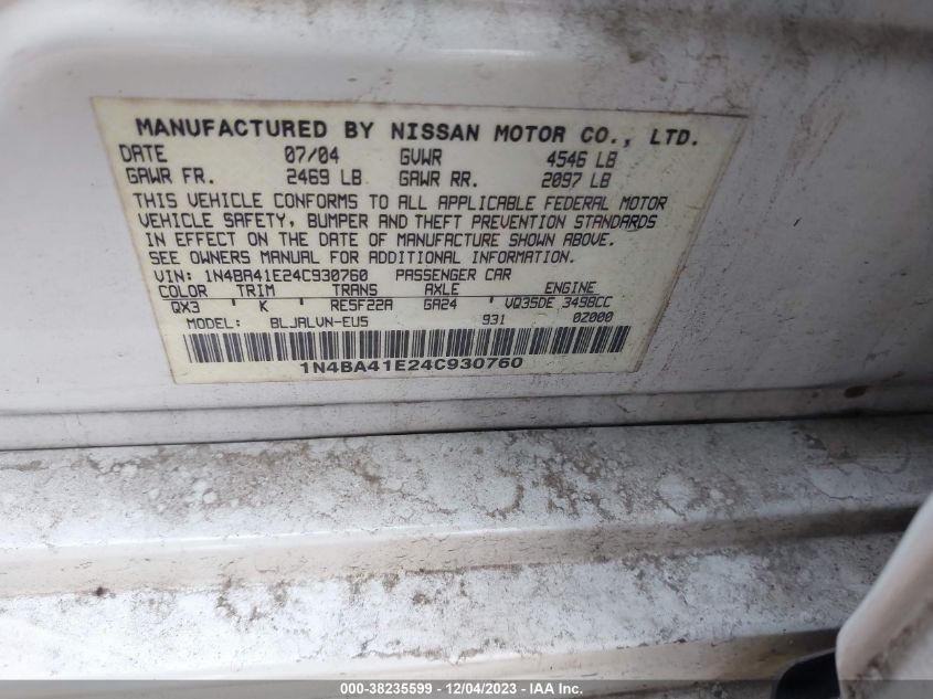 2004 Nissan Maxima Se VIN: 1N4BA41E24C930760 Lot: 38235599