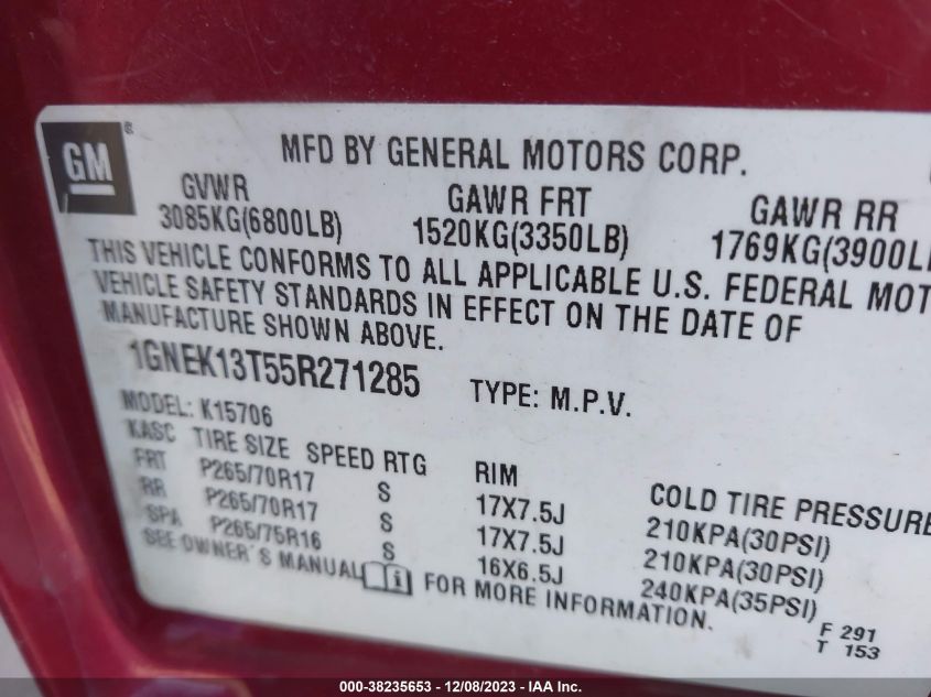 2005 Chevrolet Tahoe Z71 VIN: 1GNEK13T55R271285 Lot: 38235653