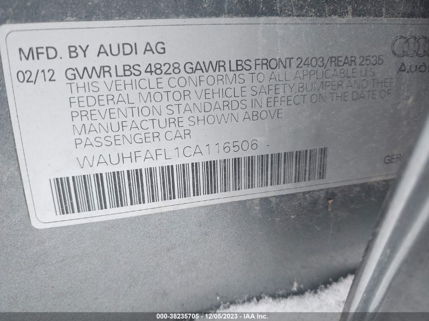 2012 Audi A4 2.0T Premium VIN: WAUHFAFL1CA116506 Lot: 38235705
