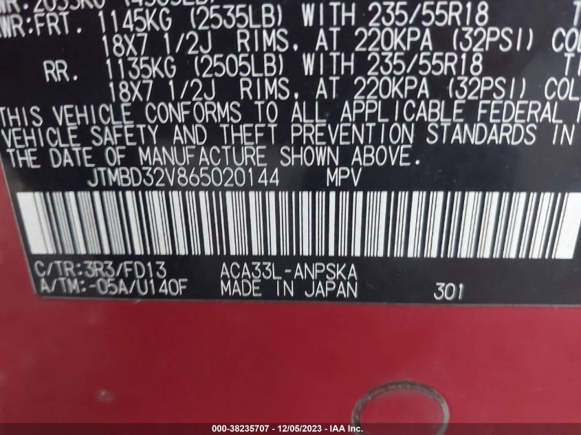 2006 Toyota Rav4 Sport VIN: JTMBD32V865020144 Lot: 38235707