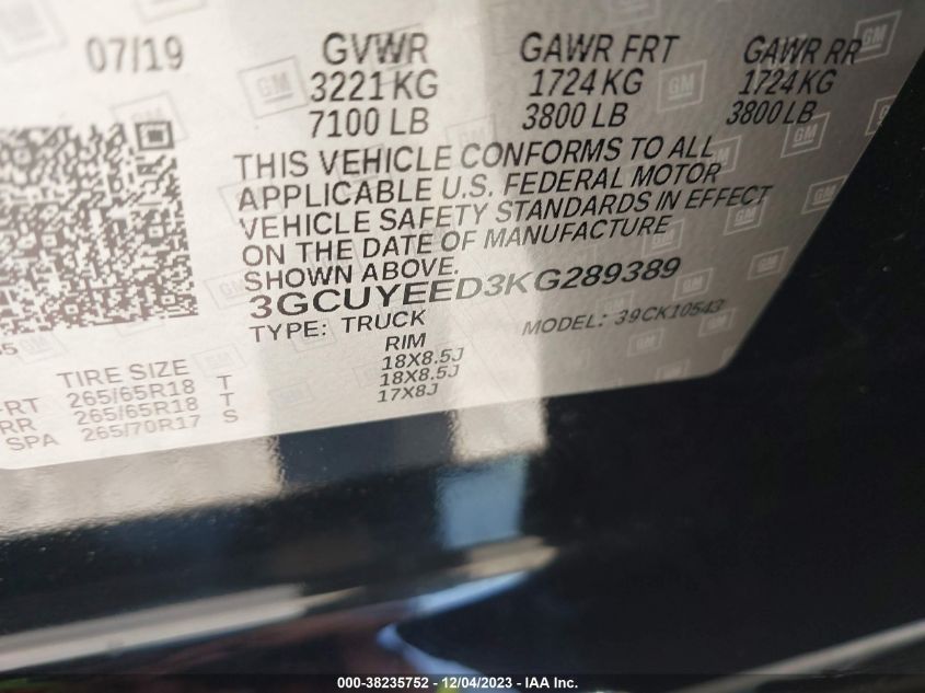 2019 Chevrolet Silverado 1500 Rst VIN: 3GCUYEED3KG289389 Lot: 38235752