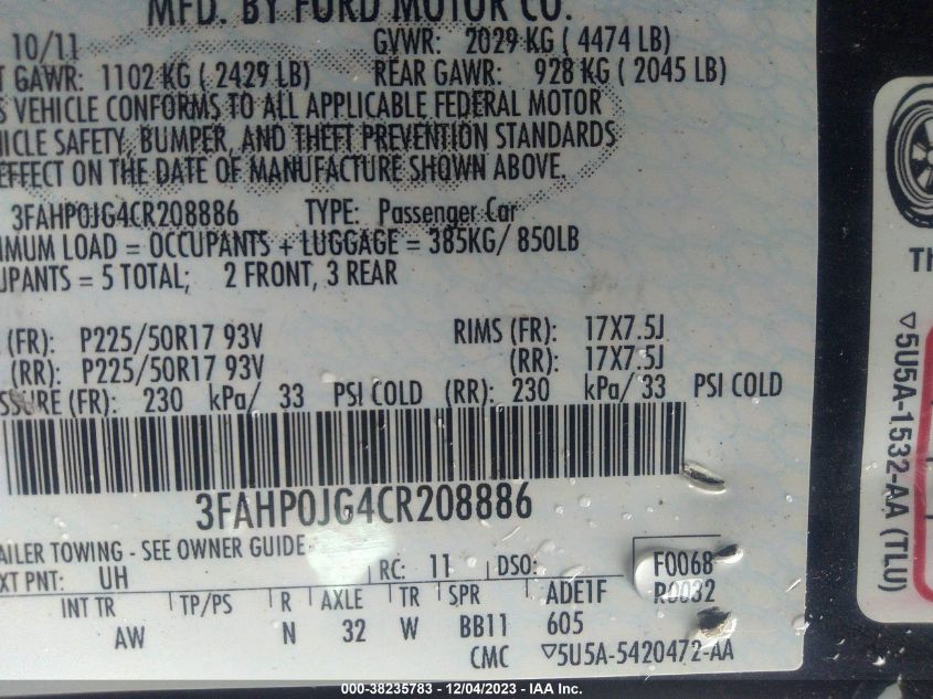 2012 Ford Fusion Sel VIN: 3FAHP0JG4CR208886 Lot: 38235783