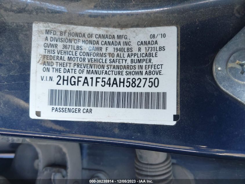 2010 Honda Civic Lx VIN: 2HGFA1F54AH582750 Lot: 38235914