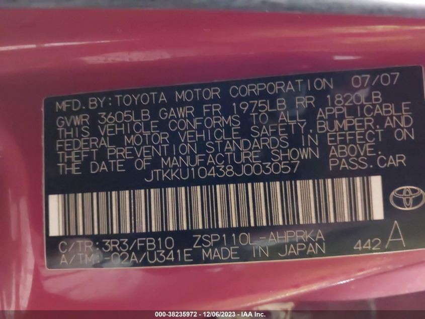 2008 Scion Xd VIN: JTKKU10438J003057 Lot: 38235972