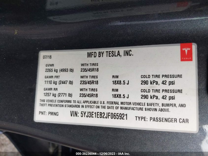 5YJ3E1EB2JF065921 2018 Tesla Model 3 Performance/Long Range