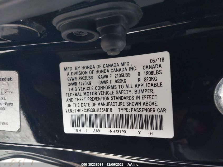 2018 Honda Civic Coupe Ex-T VIN: 2HGFC3B39JH354818 Lot: 38236091