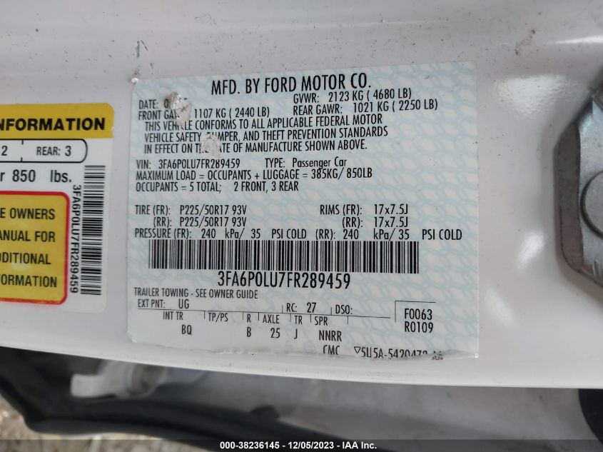 2015 Ford Fusion Hybrid Se VIN: 3FA6P0LU7FR289459 Lot: 38236145