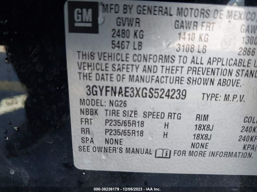 2016 Cadillac Srx Standard VIN: 3GYFNAE3XGS524239 Lot: 38236179
