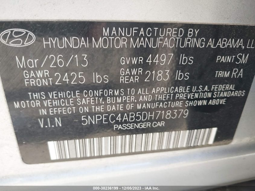 2013 Hyundai Sonata Limited 2.0T VIN: 5NPEC4AB5DH718379 Lot: 38236199