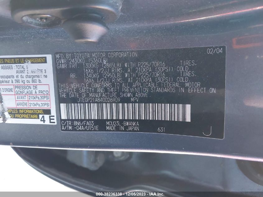 2004 Toyota Highlander V6 VIN: JTEGP21A840026909 Lot: 38236338