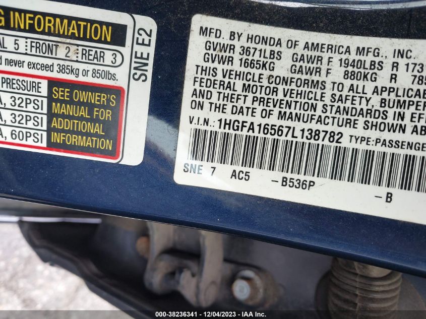 2007 Honda Civic Lx VIN: 1HGFA16567L138782 Lot: 38236341