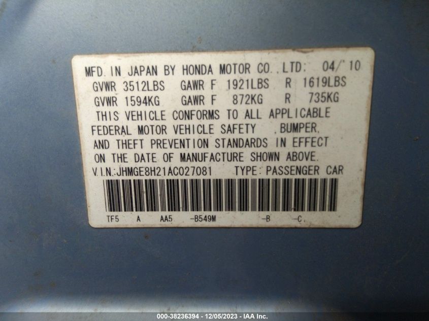 JHMGE8H21AC027081 2010 Honda Fit