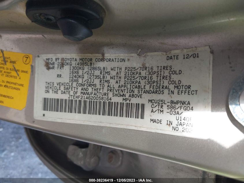 2002 Toyota Highlander V6 (A4) VIN: JTEHF21A620058164 Lot: 38236419