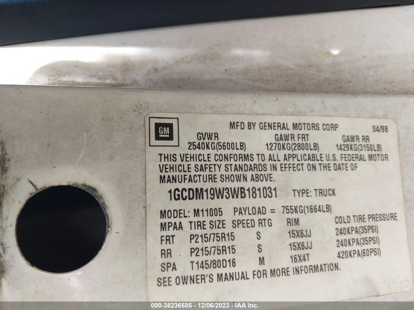 1998 Chevrolet Astro VIN: 1GCDM19W3WB181031 Lot: 38236585