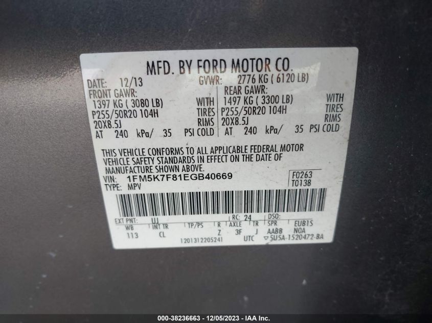 2014 Ford Explorer Limited VIN: 1FM5K7F81EGB40669 Lot: 38236663
