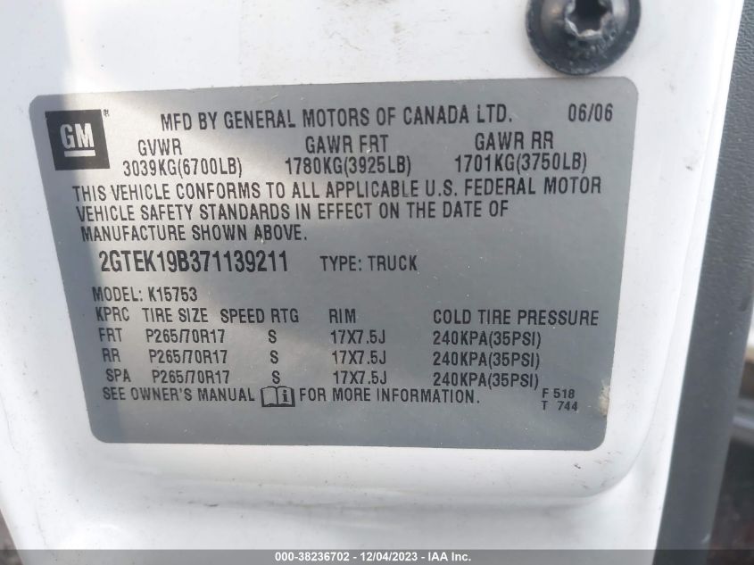 2007 GMC Sierra 1500 Classic Slt VIN: 2GTEK19B371139211 Lot: 38236702