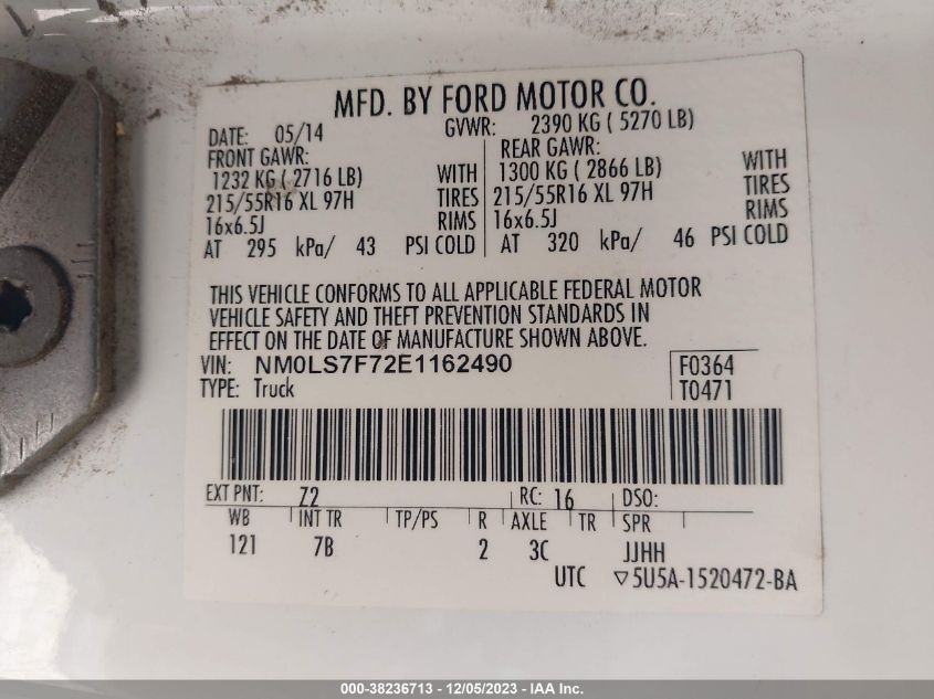 2014 Ford Transit Connect Xlt VIN: NM0LS7F72E1162490 Lot: 38236713