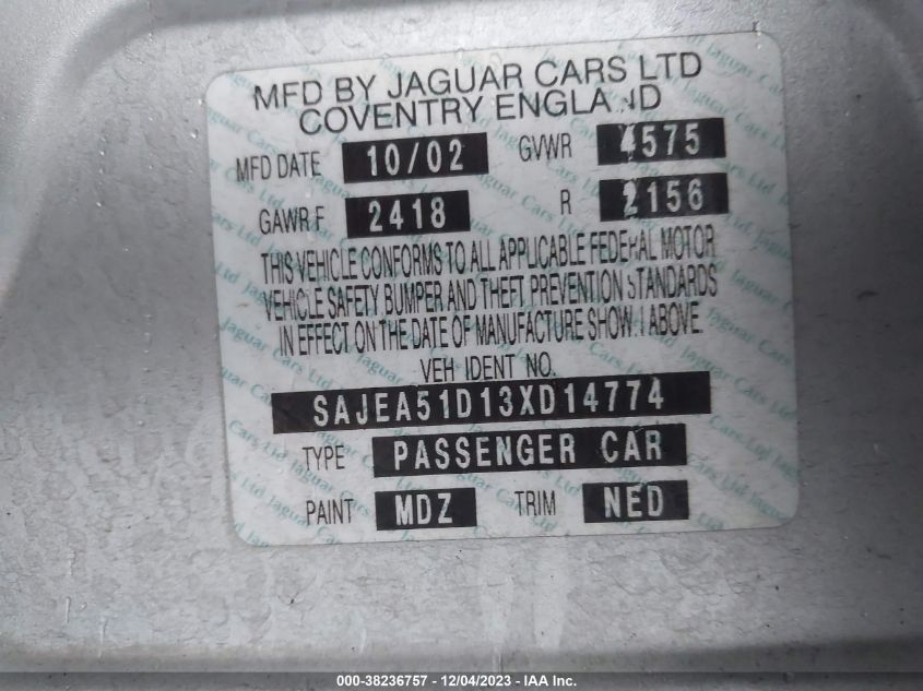 2003 Jaguar X-Type 2.5L Auto/2.5L Manual VIN: SAJEA51D13XD14774 Lot: 38236757