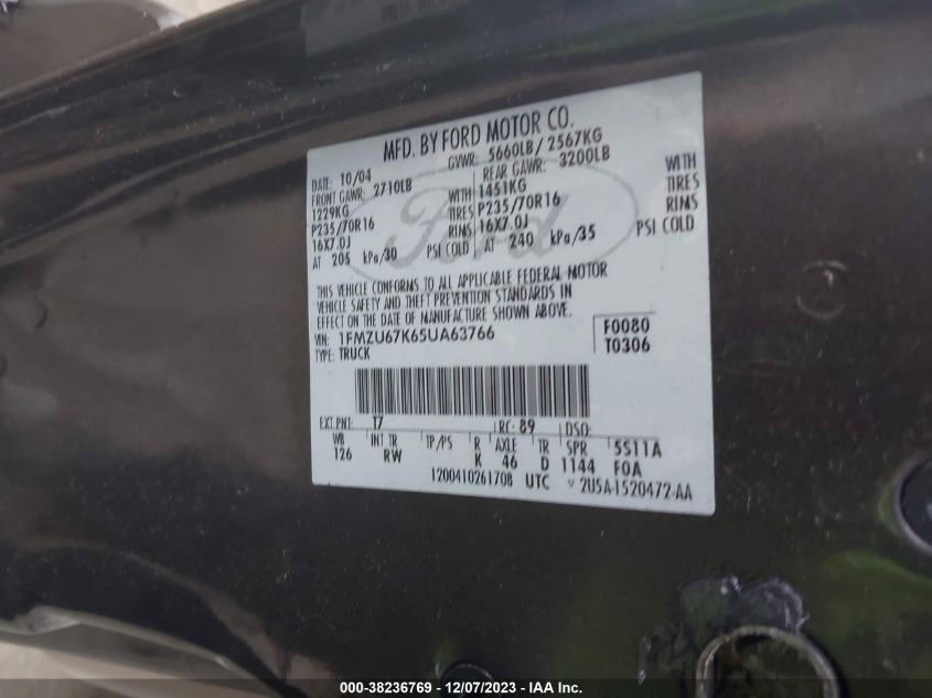 2005 Ford Explorer Sport Trac Adrenalin/Xls/Xlt VIN: 1FMZU67K65UA63766 Lot: 38236769