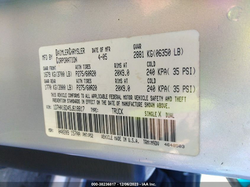 1D7HA16D45J618817 2005 Dodge Ram 1500 Slt/Laramie