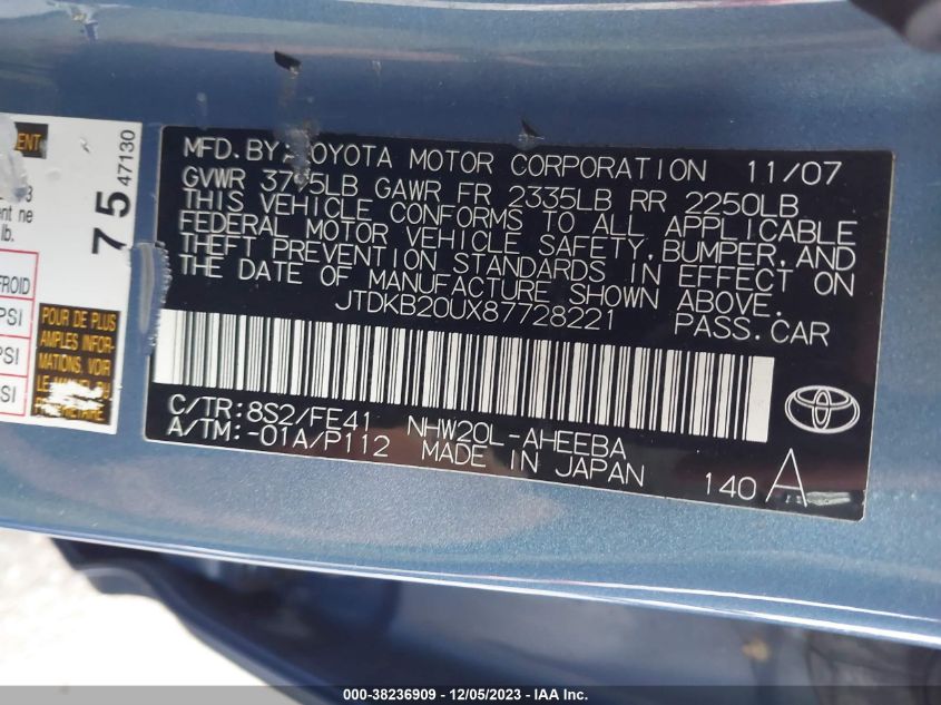 2008 Toyota Prius Base (Cvt-E) VIN: JTDKB20UX87728221 Lot: 38236909