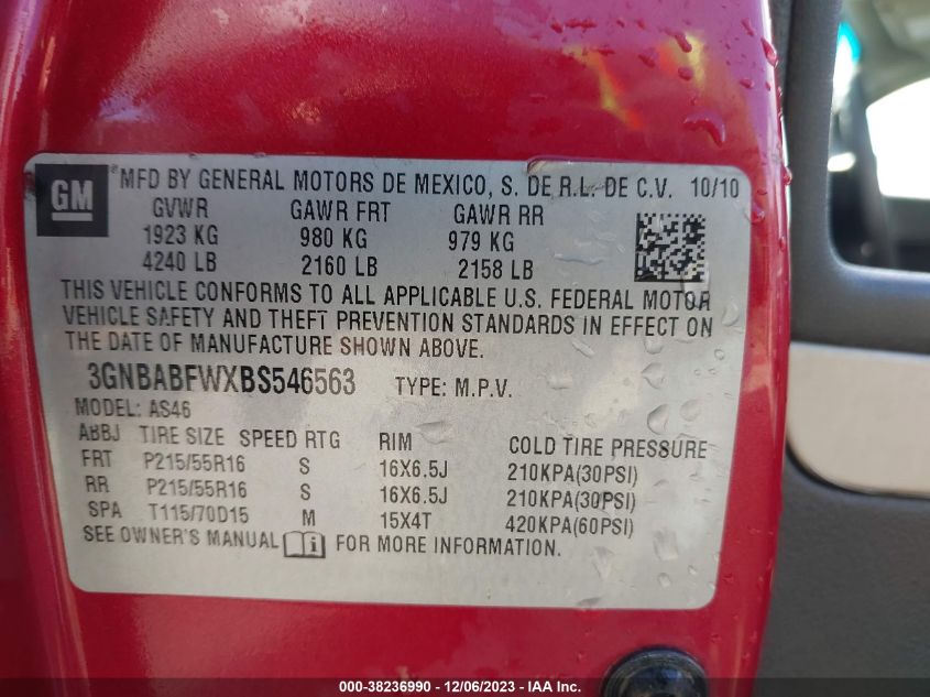 3GNBABFWXBS546563 2011 Chevrolet Hhr Lt