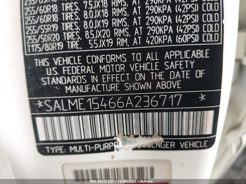 2006 Land Rover Range Rover Hse VIN: SALME15466A236717 Lot: 38237227