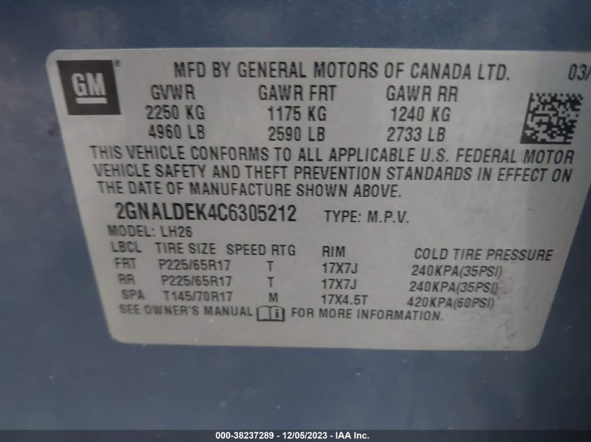2012 Chevrolet Equinox 1Lt VIN: 2GNALDEK4C6305212 Lot: 38237289