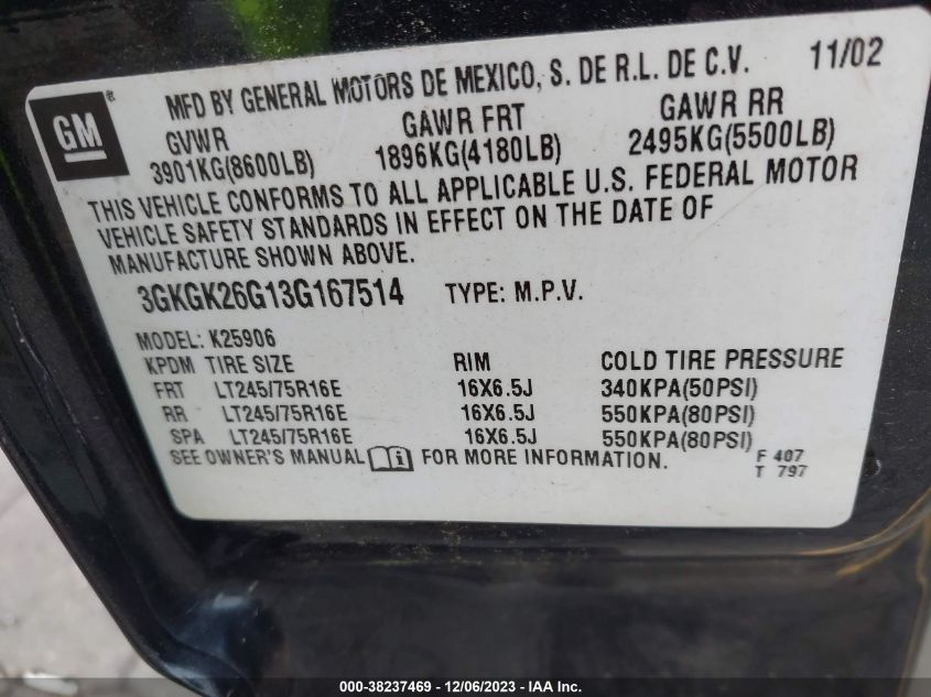 2003 GMC Yukon Xl 2500 Slt VIN: 3GKGK26G13G167514 Lot: 38237469