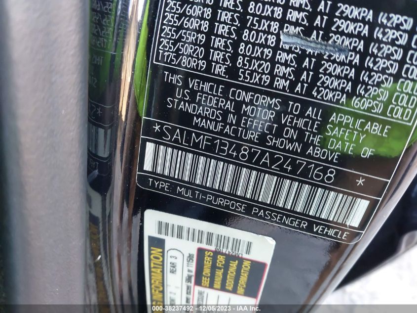 2007 Land Rover Range Rover Supercharged VIN: SALMF13487A247168 Lot: 38237492