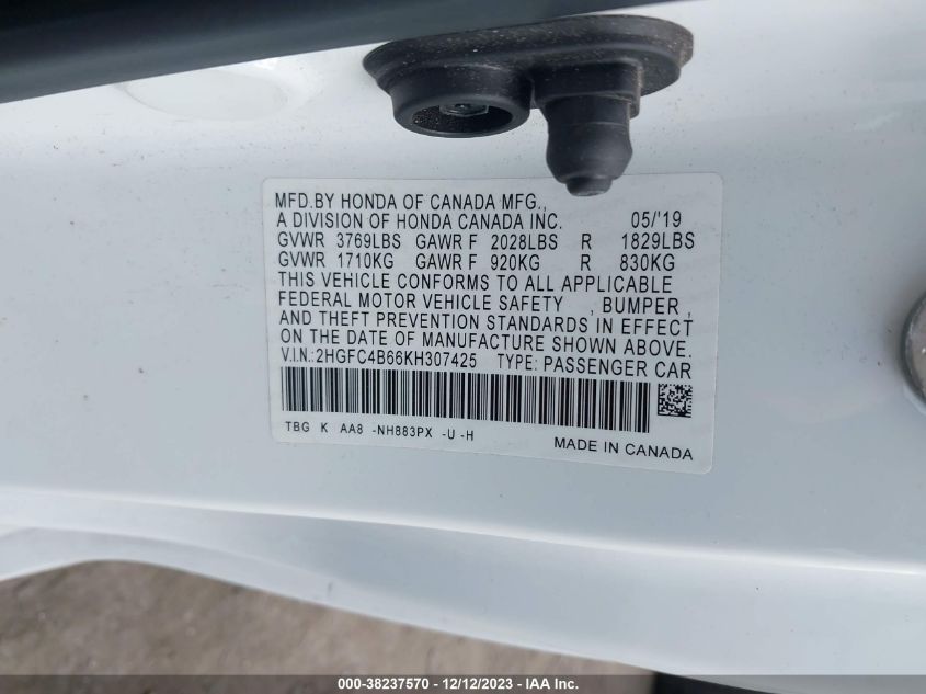 2019 Honda Civic Lx VIN: 2HGFC4B66KH307425 Lot: 38237570