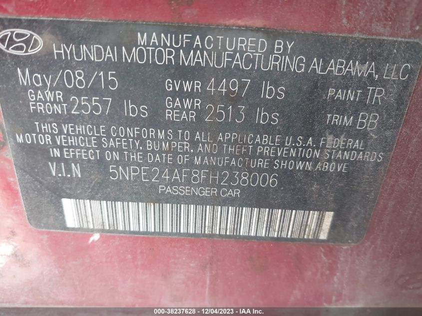 2015 Hyundai Sonata 2.4L Se VIN: 5NPE24AF8FH238006 Lot: 38237628
