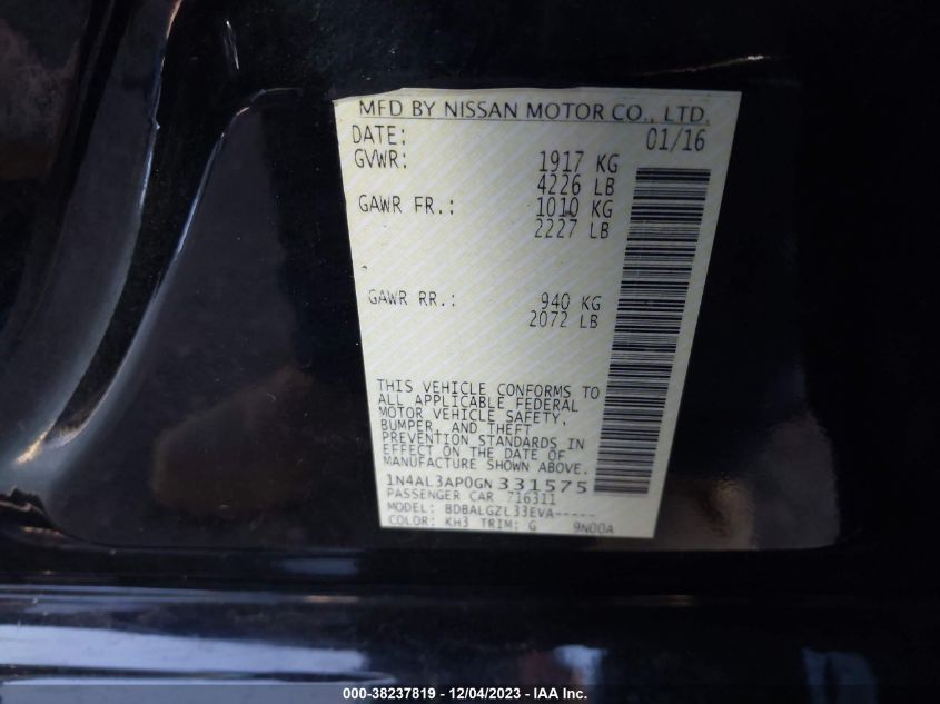 2016 Nissan Altima 2.5 S VIN: 1N4AL3AP0GN331575 Lot: 38237819