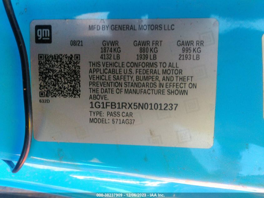 1G1FB1RX5N0101237 2022 Chevrolet Camaro Rwd 1Lt