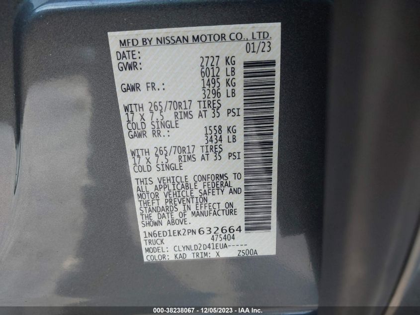 2023 Nissan Frontier Pro-4X 4X4 VIN: 1N6ED1EK2PN632664 Lot: 38238067
