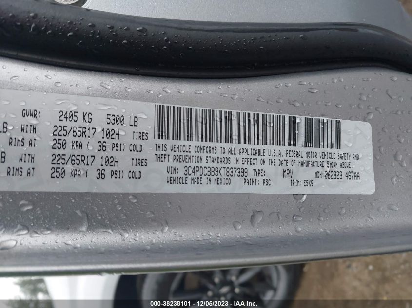 2019 Dodge Journey Se VIN: 3C4PDCBB9KT837399 Lot: 38238101