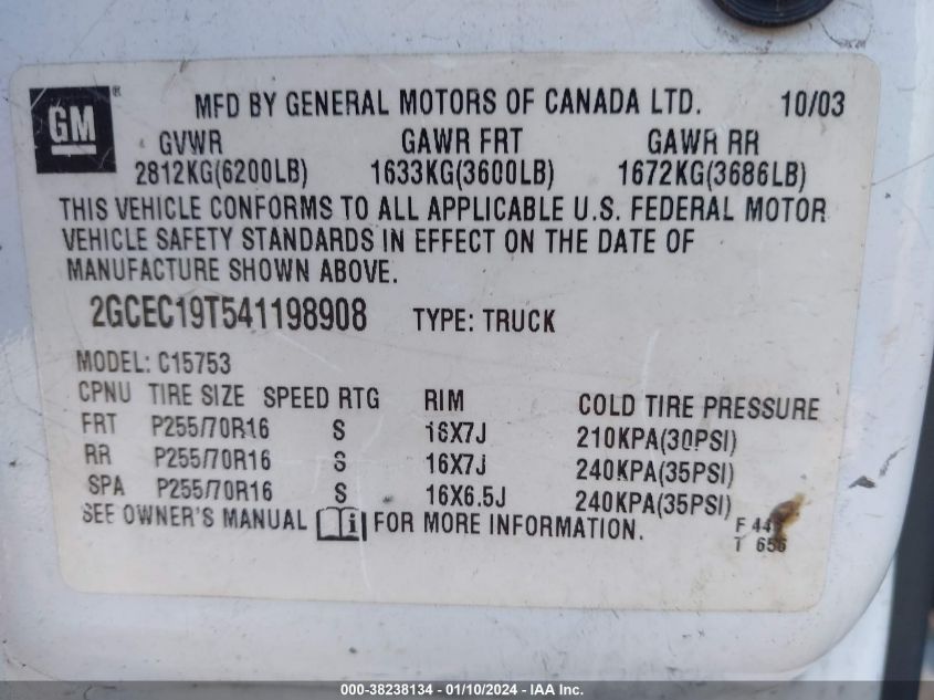 2004 Chevrolet Silverado 1500 Ls VIN: 2GCEC19T541198908 Lot: 38238134