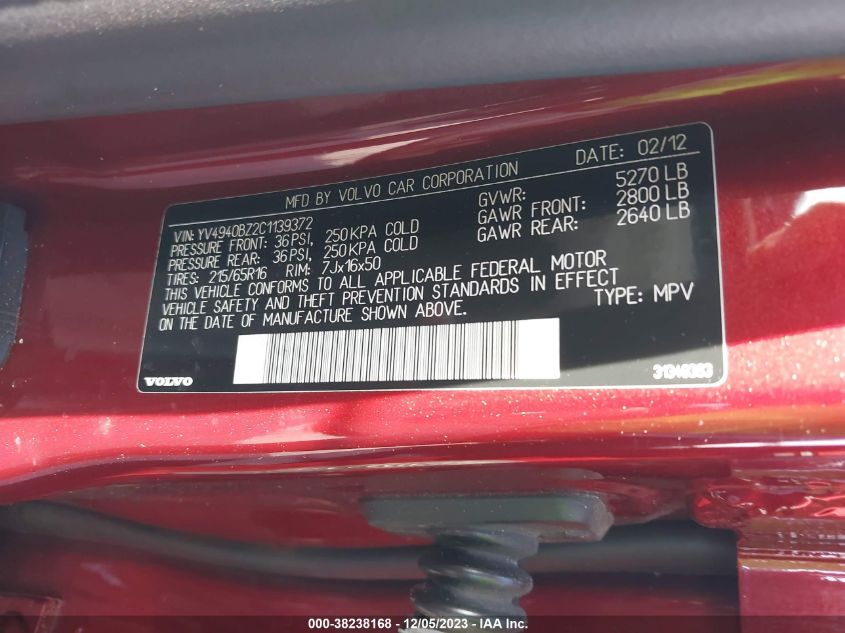 2012 Volvo Xc70 3.2/3.2 Platinum/3.2 Premier/3.2 Premier Plus VIN: YV4940BZ2C1139372 Lot: 38238168
