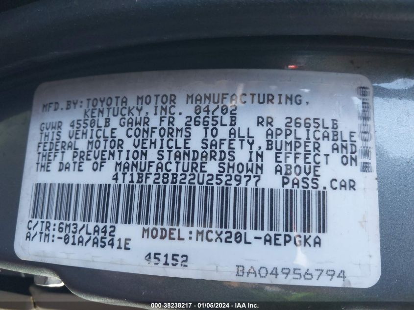 4T1BF28B22U252977 2002 Toyota Avalon Xls